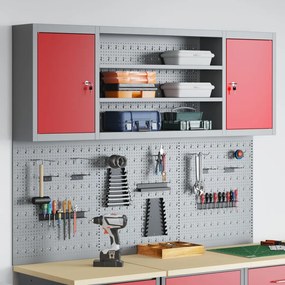 6 darabos szerszám szekrény és falra szerelhető pegboard készlet piros fém
