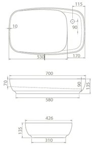 CeraStyle NEW NOVA - PULTRA ültethető - Top Counter - mosdó rejtett leeresztővel - 70 x 42 cm