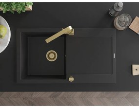 Mexen Leo, gránit mosogató 900x500x190 mm, 1 kamrás, fekete arany szifonnal és arany Rita mosogató csapteleppel, 6501-77-670300-50