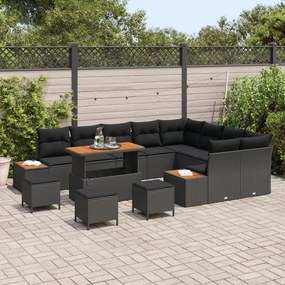 12 darabos kerti kanapé szett párnákkal fekete rattan akáccal, 3 darabos kerti étkező szett párnákkal fekete rattan akáccal