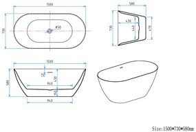 Erga Kaia, szabadon álló kád 150x73 cm + leeresztő csavar, fehér fényes, ERG-Kaia-150073-WH-WH