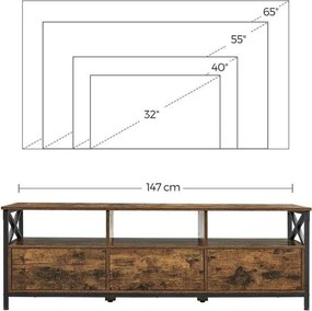 TV-állvány 3 fiókkal és tárolópolcokkal, 147 x 50 x 40 cm, rusztikus