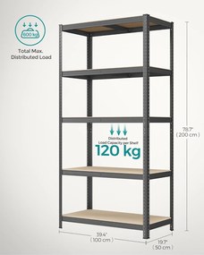 5 szintes fém tároló polc, teherbírás 600 kg, 50 x 100 x 200 cm, szürke