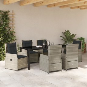 7 Darabos Kerti Étkezőszett Világosszürke Polirattan, Kerti Asztal Fekete 200x80x73 cm Edzett Üveg