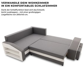 Grande sarokkanapé polcokkal és puffokkal , polc a bal karfaban puffok a jobb karfaban, baloldali, szövet anyag, hab töltet, szürke - fehér