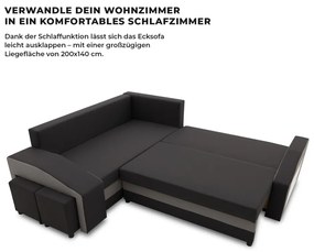 Grande sarokkanapé polcokkal és puffokkal , polc a jobb karfaban puffok a bal karfaban, baloldali, szövet anyag, hab töltet, fekete - szürke