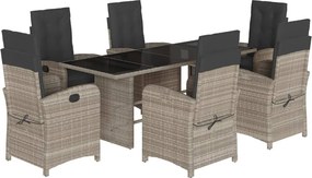vidaXL 7 részes világosszürke polyrattan kerti étkezőszett párnával