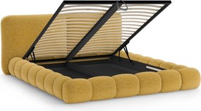 Mustársárga kárpitozott ágyneműtartós franciaágy ágyráccsal 200x200 cm Solange – Micadoni