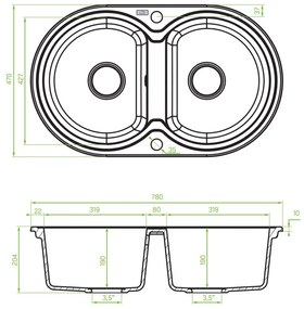 Laveo Dafne, 2-kamrás gránit mosogató 780x470x204 mm, bézs, LAV-SBD_420T