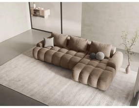 Világosbarna bársony kinyitható-tárolóhelyes sarokkanapé (jobb oldali-heverő résszel) Linz – Cosmopolitan Design