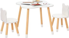 HOMCOM Gyerek Asztal és 2 Szék Szett Fa Bútor Játszószobába és Gyerekszobába - Asztal 56x56x50 cm és Székek 28x25x46 cm Természetes és Fehér | Aosom