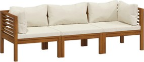 vidaXL 3 személyes tömör akácfa kerti kanapé krémszínű párnával