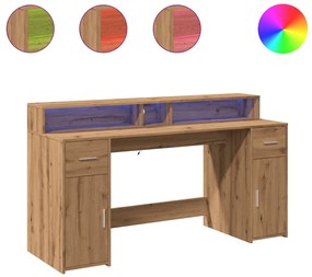 kézműves tölgy színű szerelt fa LED-es íróasztal 160x55x91 cm