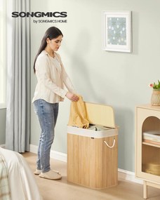 Fedeles bambusz mosókosár, 100 L, 2 rekeszes, hajtogatható bélészsákkal