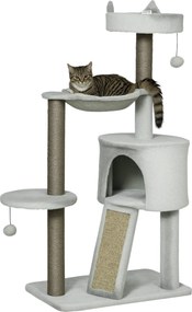 PawHut Macska Fakadály 113 cm-es Macska Torony Macska Búvóhely Sisal Oszlop Macska Kaparófa Játszófa Rámpával és Hálóval Macska Játék Világosszürke |