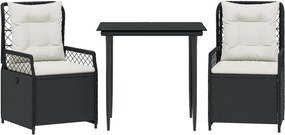 vidaXL 3 részes fekete polyrattan kerti étkezőgarnitúra párnákkal