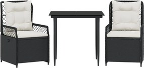 vidaXL 3 részes fekete polyrattan kerti étkezőgarnitúra párnákkal