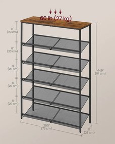 VASAGLE cipőtartó állvány, 6 szintes, 28x75x114 cm, barna-fekete