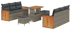 9 részes kerti kanapé szett párnákkal, szürke poli rattan akác, 2 személyes kerti kanapé párnákkal, szürke poli rattan, 3 részes kerti étkező szett párnákkal, szürke poli rattan akác