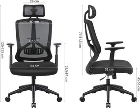 Ergonomikus irodai szék deréktámasszal, állítható fejtámlával és kartámasszal, fekete