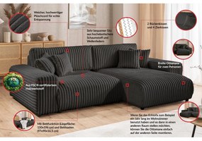 Sötétszürke kordbársony kinyitható-tárolóhelyes sarokkanapé (jobb oldali) Sarina – Ropez