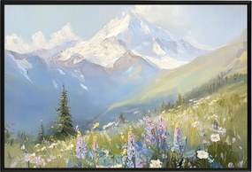 Poszter Keret Alumínium Tájkép Hegyek Csúcsok Alpok Rét Virágok Tavasz 60x40