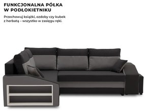 Grande sarokkanapé polcokkal és puffokkal , polc a bal karfaban puffok a jobb karfaban, baloldali, szövet anyag, bonell töltet, fekete - szürke