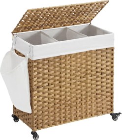 Kézzel fonott rattan stílusú szennyeskosár 3 rekesszel 140L, natúr