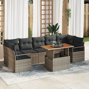 8 részes kertbútorgarnitúra párnákkal szürke poli rattan akáciából, 2 fős kertkanapé párnákkal szürke poli rattan