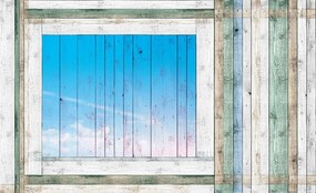 Fotótapéta - Fa deszkák - kék ablak (152,5x104 cm)