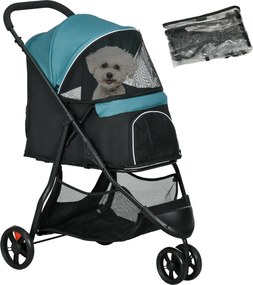 PawHut 2 az 1-ben kutya babakocsi esővédővel, összecsukható kutyák és macskák számára 10 kg-ig, macska babakocsi párnával, hálós ablakokkal, ajtókkal,