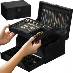 Ékszerdoboz rendszerező 2 szintes fiók kulcstartó fekete