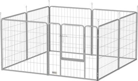 PawHut 8 Részes Kiskutya Játszókerítés – 8 Rácspaneles, Ajtós, Földbe Ásó Stakekkel A Szabadtéri Játszókerítéshez, 80 cm Magas Kutya Kennel, Háziállat