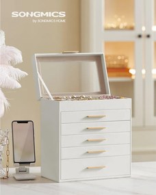 Ékszerdoboz üvegfedéllel, 6 szintes ékszertároló 5 fiókkal, 16,3 x 25,1 x 29 cm, felhőfehér