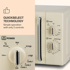 Klarstein Caroline, mikrohullámú sütő, 20 l, 700/1000 W, Ø 25.5 cm, QuickSelect, retró, krémszínű