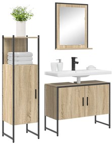 3 részes fürdőszoba bútor készlet Sonoma tölgy mérnökfából, Fürdőszoba tükör polccal Sonoma tölgy 50x12x60 cm mérnökfából