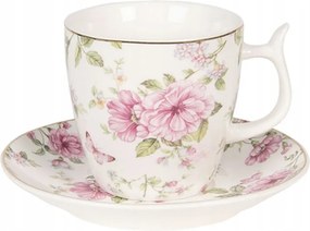 Fehér virágos bögre csészealjjal Garden II 9x7x7 cm