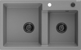 Mexen Tomas  konyhai mosogató gránit 2 medence+ pop up szifon 800 x 500 mm, szürke , szifon  fekete  - 6516802000-71-B 2 medencés