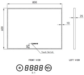 Fekvő fürdőszobai LED tükör 80x60cm | Páramentesítő funkció | Beépített óra | Fényerő és színhőmérséklet szabályozás | Welland Luxury-Line G774