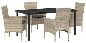 5 Részes Kerti Étkező Szett Párnákkal Világosszürke Poly Rattan, Kerti Asztal Fekete 160x80x73 cm Edzett Üveg