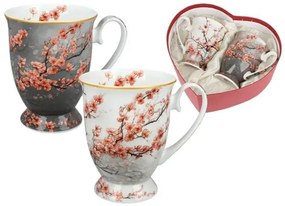 Cseresznyevirágos porcelán bögre szett 280 ml 2 személyes szív alakú díszdobozban