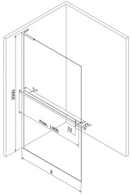 Mexen Kioto+ L, Walk-In zuhany paraván polccal és akasztóval 70 x 200 cm, 8 mm átlátszó üveg fehér mintás, króm profil, 800-070-123-01-97