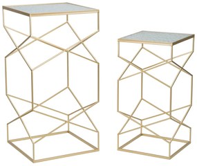 Arany színű négyzetes kisasztal szett geometrikus vázzal és üveglappal – 2 db