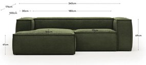 Zöld kordbársony sarokkanapé (jobb oldali) Blok – Kave Home