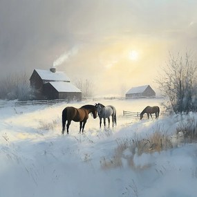 Vászonkép Canvas Tájkép Lengyelország Tél Hó Fagy Falu Ló Lovak 40x40