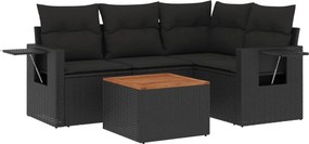 vidaXL 5 részes fekete polyrattan kerti kanapészett párnákkal