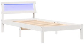Ágykeret LED Fejtámlával, Fehér, 90 x 200 cm, Tömör Fenyő