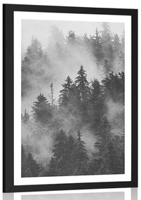 Poszter paszportuval hegyek a ködben fekete-fehérben