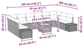 Kerti Kanapé Szett párnával 11 pcs Szürke polirattan