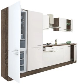 Yorki 330 konyhablokk yorki tölgy korpusz,selyemfényű fehér fronttal polcos szekrénnyel és alulfagyasztós hűtős szekrénnyel